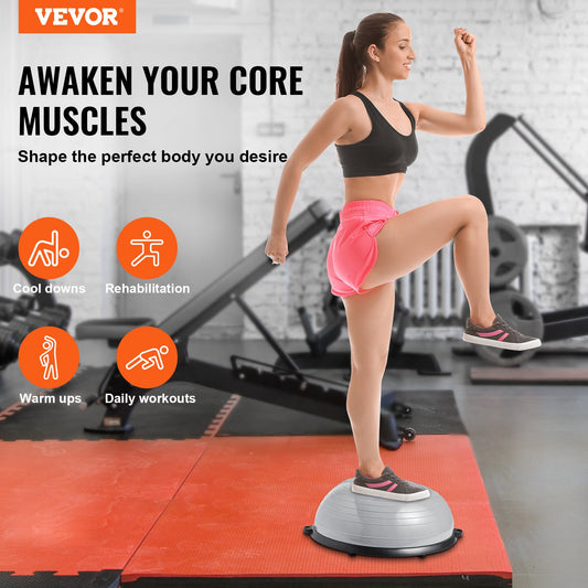 VEVOR Half Exercise Ball Trainer, 23 inch Balance Ball Trainer, 660lbs Capacity Stability Ball, Yoga Ball with Resistance Bands & Foot Pump, Strength Fitness Ball for Home Gym, Full Body Workout, Gray