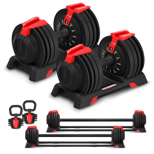 CORTEX Revolock V2 48kg Adjustable Dumbbell + Barbell + Kettlebell All-in-One Set with Stand (24kg Pair)