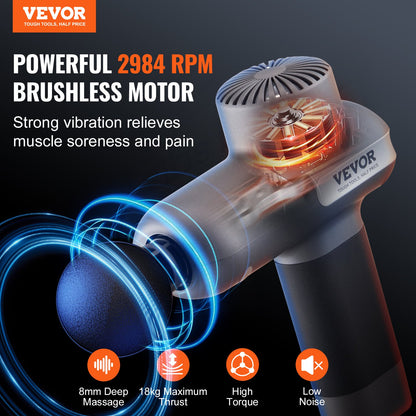 VEVOR Massage Gun Deep Tissue, Percussion Muscle Massager for Athletes - with 5 Speed Levels & 6 Massage Heads, 7.4V 2500mAh Batteries, Handheld Electric Massage Gun for Pain Relief, Muscle Relaxation